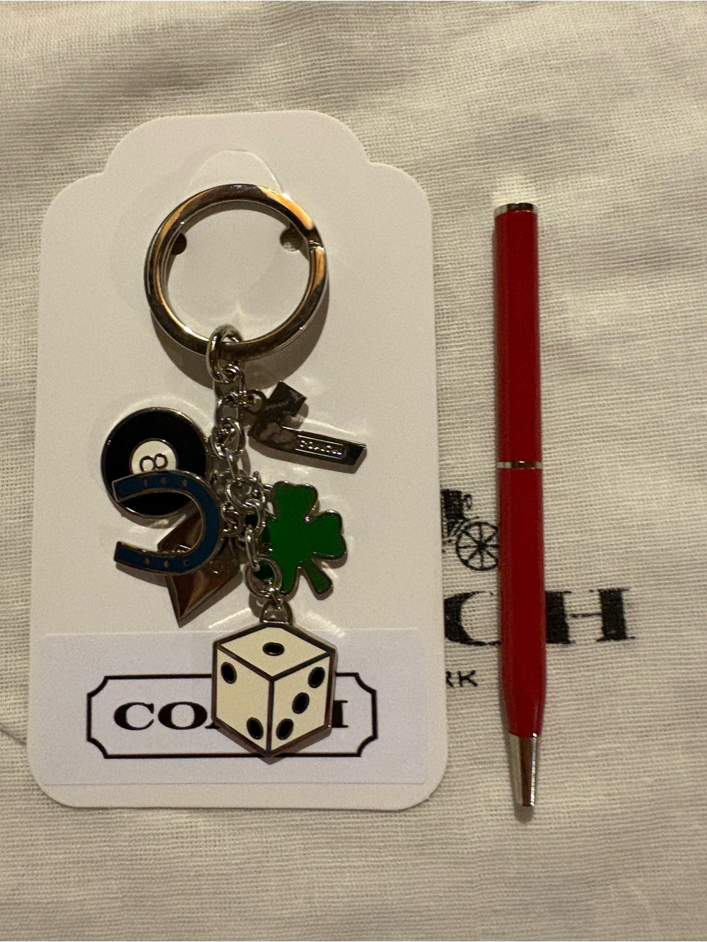 Coach Lucky Charm Key Fob & Red Coach Pen Set w/ Dust Bag NWOT - Picture 7 of 13